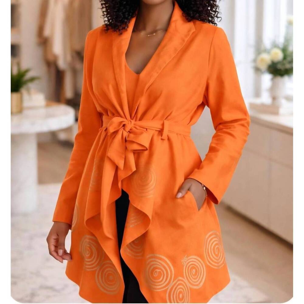 NEW STEP IN STYLE artisan spiral belted statement jacket in orange gold